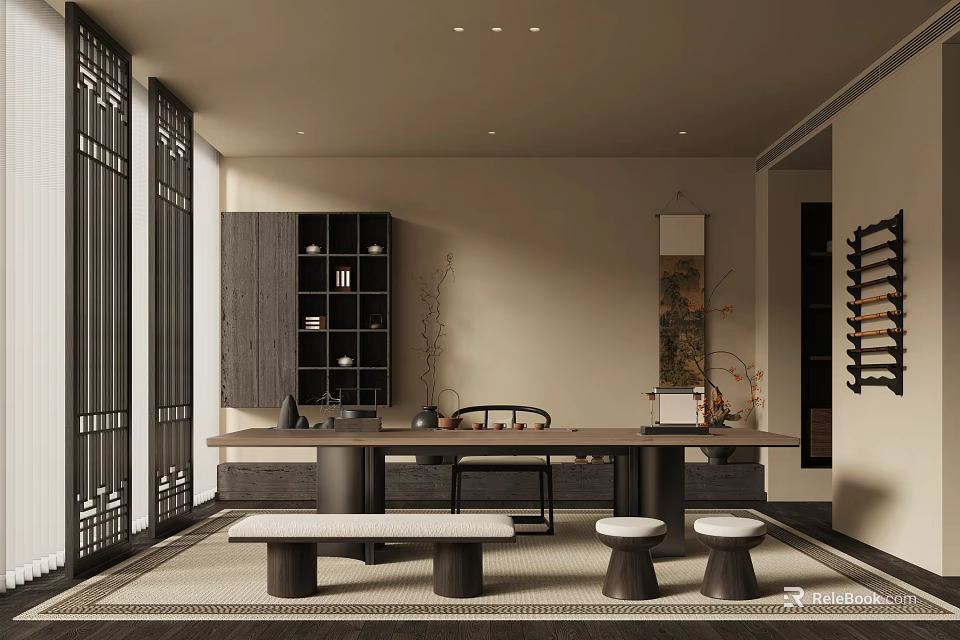 Serene Traditional Tea Room Interior With Lattice Windows Dark Wooden Cabinet Long Table And Stools 3d model 