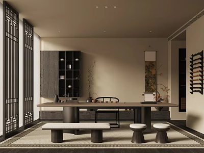 Serene Traditional Tea Room Interior With Lattice Windows Dark Wooden Cabinet Long Table And Stools 3d model