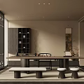 Serene Traditional Tea Room Interior With Lattice Windows Dark Wooden Cabinet Long Table And Stools
