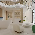 Luxury Beauty Hair Salon Interior With Reception Desk Green Sofa Chandelier And Decorative Wall