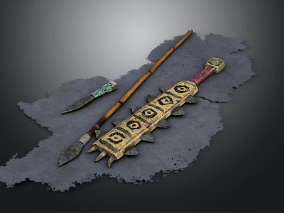 Ancient Wooden Spear Metal Dagger And Ornate Weapon On Leather Surface 3d model