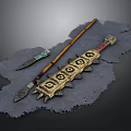 Ancient Wooden Spear Metal Dagger And Ornate Weapon On Leather Surface