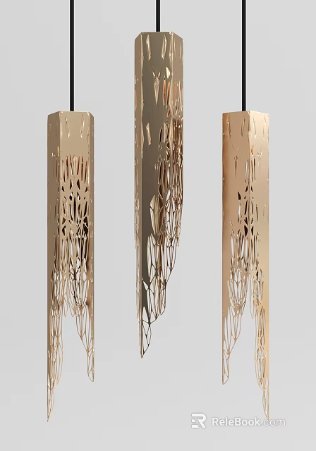Elegant Golden Tall Chandeliers With Intricate Cutout Patterns And Dangling Accents For Modern Interior Spaces 3d model 
