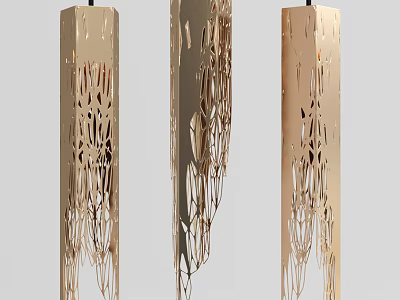 Elegant Golden Tall Chandeliers With Intricate Cutout Patterns And Dangling Accents For Modern Interior Spaces 3d model