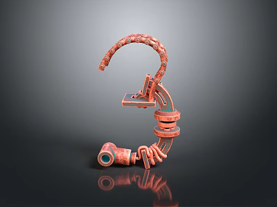 Abstract Copper Mechanical Sculpture With Curved Hook Ring Tube Components Reflective Surface 3d model