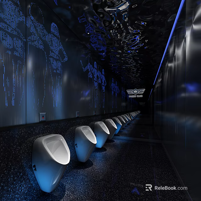 Modern Tech Style Public Restroom With Men's Urinals Blue Lighting And Black Walls 3d model 
