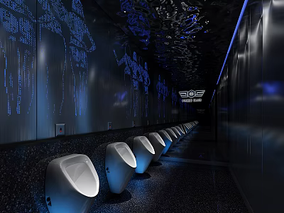 Modern Tech Style Public Restroom With Men's Urinals Blue Lighting And Black Walls 3d model