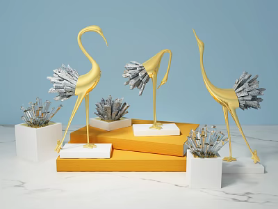 Gold And Silver Crane Decorative Ornament Set On White Bases And Orange Display Stands 3d model