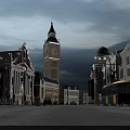 Republican Era Commercial Street with Historic Buildings Clock Tower Vintage Car and Tram
