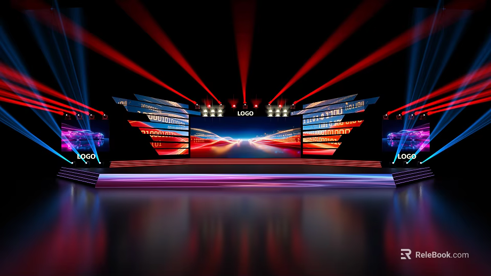 Modern Stage Design With Red Blue Lights Large Screens And Reflective Floor 3d model 