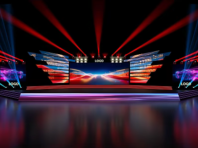 Modern Stage Design With Red Blue Lights Large Screens And Reflective Floor 3d model