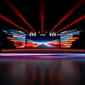 Modern Stage Design With Red Blue Lights Large Screens And Reflective Floor