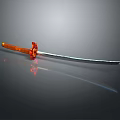 Traditional Samurai Sword With Orange Handle Red Tsuba And Silver Reflective Blade
