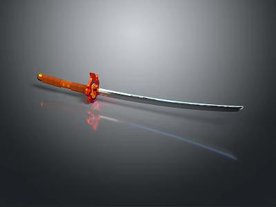 Traditional Samurai Sword With Orange Handle Red Tsuba And Silver Reflective Blade 3d model