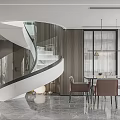 Modern Restaurant Interior With Spiral Staircase Glass Railing Dining Table Chairs Marble Floor