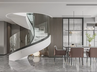 Modern Restaurant Interior With Spiral Staircase Glass Railing Dining Table Chairs Marble Floor 3d model