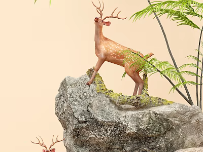 Natural Garden Landscape With Deer Standing On Moss Covered Rock And Green Plants 3d model