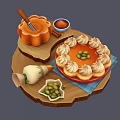 Delicious Pumpkin Pie With Whipped Cream And Green Toppings On Wooden Tray