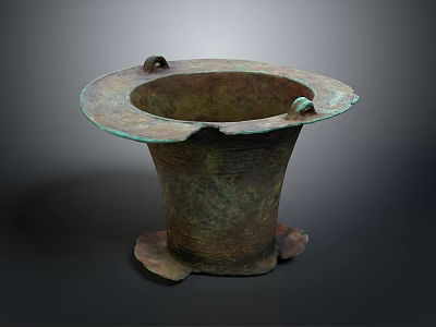 Ancient Bronze Sculpture With Ring Handles Petal Shaped Base And Carved Patterns 3d model