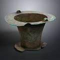 Ancient Bronze Sculpture With Ring Handles Petal Shaped Base And Carved Patterns