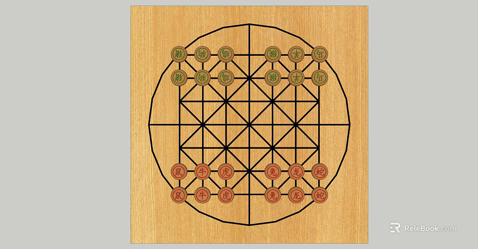 Traditional Wooden Board Game Board with Grid Design and Red Green Pieces 3d model 