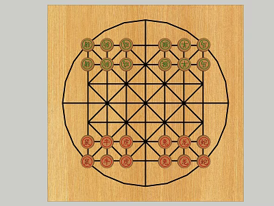Traditional Wooden Board Game Board with Grid Design and Red Green Pieces 3d model