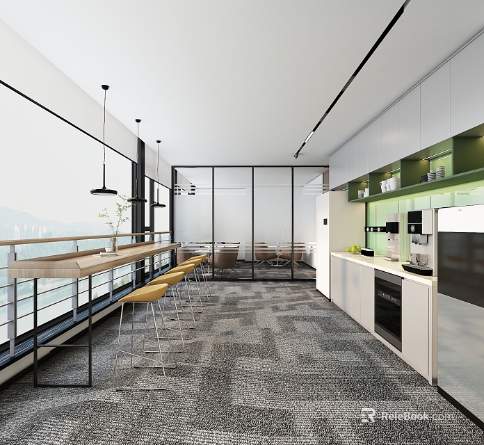 Modern Break Room with Bar Counter Yellow Stools Windows White Cabinets Coffee Machine Green Plants 3d model 