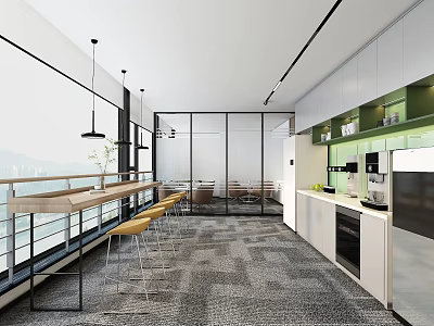 Modern Break Room with Bar Counter Yellow Stools Windows White Cabinets Coffee Machine Green Plants 3d model