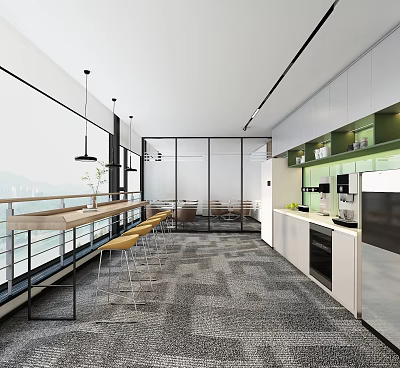 Modern Break Room with Bar Counter Yellow Stools Windows White Cabinets Coffee Machine Green Plants 3d model