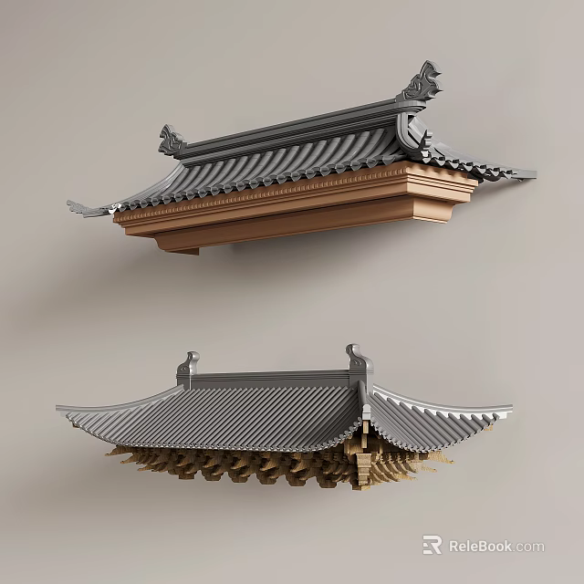 Traditional Chinese Roof Structure With Ornate Eaves Gray Tiles And Wooden Brackets 3d model 