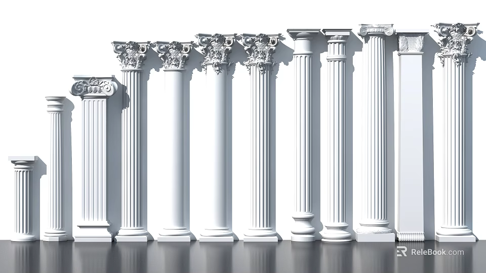Collection of Various Classical Roman Columns with Decorative Capitals and White Finish 3d model 