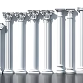 Collection of Various Classical Roman Columns with Decorative Capitals and White Finish