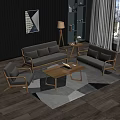Modern Gray Sofa and Wooden Coffee Table Set With Geometric Rug and Floor Lamp
