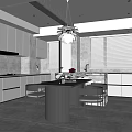 Modern Restaurant Dining Area With Open Layout White Cabinets Island Table Chairs And Chandelier