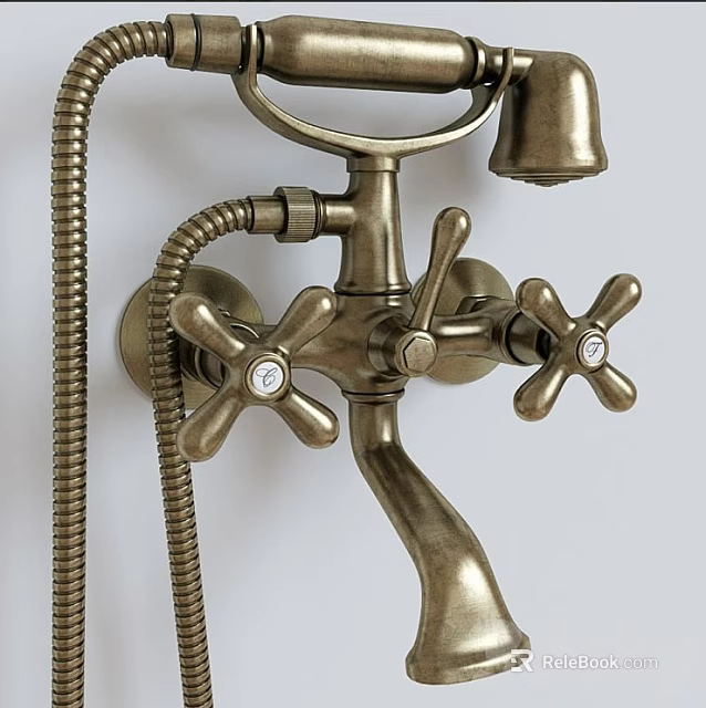 Vintage Brass Wall Mounted Shower Faucet With Cross Handles And Handheld Sprayer 3d model 