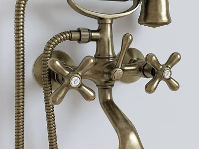 Vintage Brass Wall Mounted Shower Faucet With Cross Handles And Handheld Sprayer 3d model