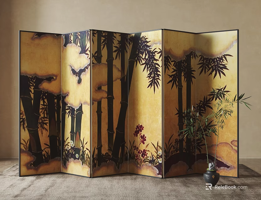 Oriental Room Divider With Bamboo Bird And Flower Patterns On Yellow Background 3d model