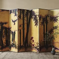 Oriental Room Divider With Bamboo Bird And Flower Patterns On Yellow Background 3d model