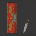 Red Shield With Golden Wing Patterns And Silver Dagger With Wooden Handle On Dark Surface 3d model