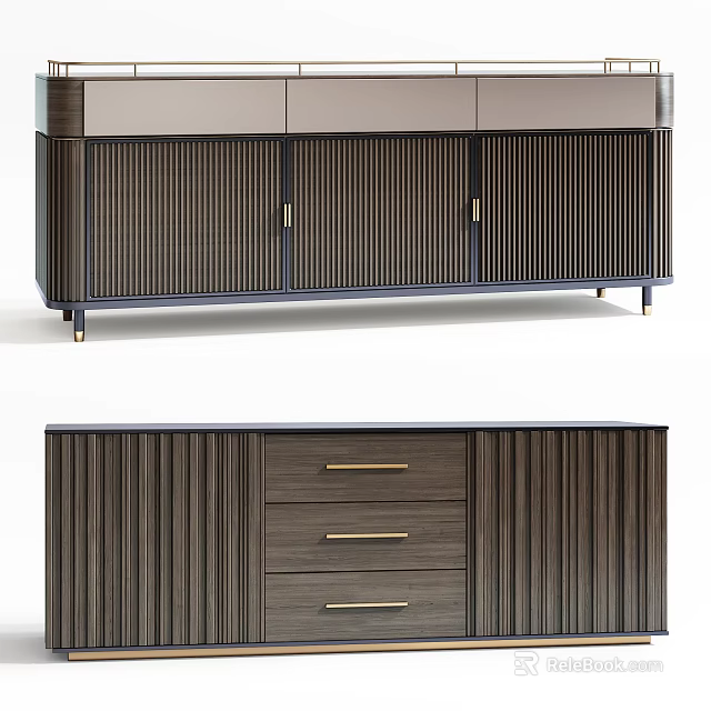 Modern Entryway Side Cabinet Design With Ribbed Wooden Doors Drawers And Metal Handles 3d model 