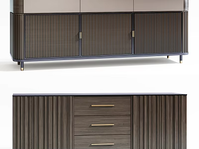 Modern Entryway Side Cabinet Design With Ribbed Wooden Doors Drawers And Metal Handles 3d model