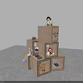 Floral Display With Stacked Wooden Cubes And Decorative Items Like Dolls Fruits And Books