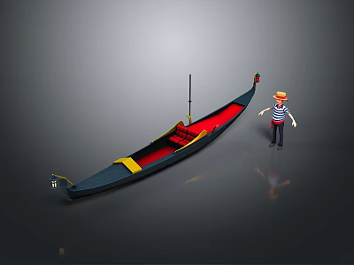 Traditional Black Gondola Boat Model With Red Interior And Gondolier Figure 3d model