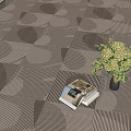 Modern Geometric Patterned Floor with Vase of Flowers and Stacked Magazines