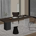 Modern Wooden Desk with Plant Vase Book Laptop Black Gray Chairs Stool by Window Lake