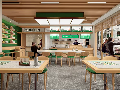 Modern Restaurant Interior With Wooden Ceiling Green Decor Open Layout Counter And Tables 3d model