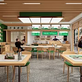 Modern Restaurant Interior With Wooden Ceiling Green Decor Open Layout Counter And Tables