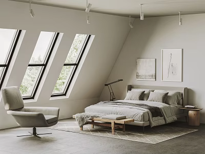 Attic Style Bedroom With Skylights Artwork Cozy Bed Accent Chair Floor Lamp And Minimalist Decor 3d model