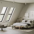Attic Style Bedroom With Skylights Artwork Cozy Bed Accent Chair Floor Lamp And Minimalist Decor