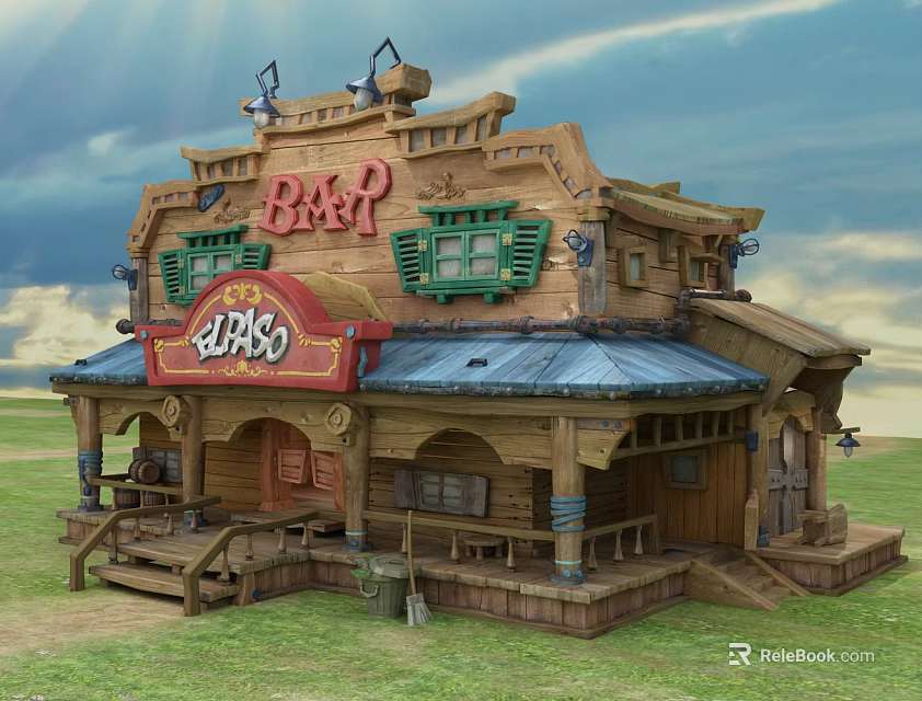 Cartoon Scene of Western Style Bar with Wooden Building Green Windows and Blue Roof 3d model 